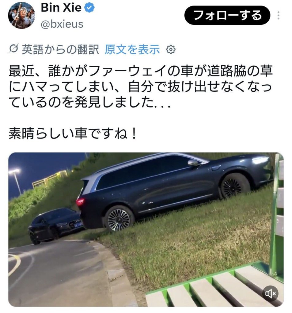 中国製自動車、道路脇のごく緩やかな草地に入るも、タイヤが空転して道路に戻れない件